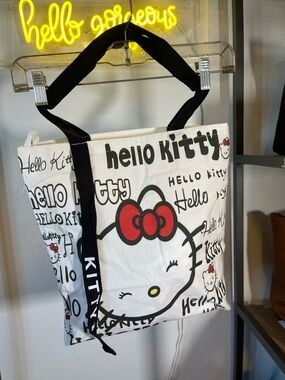 Hello Kitty White Canvas Tote with Red Bow and Black Straps